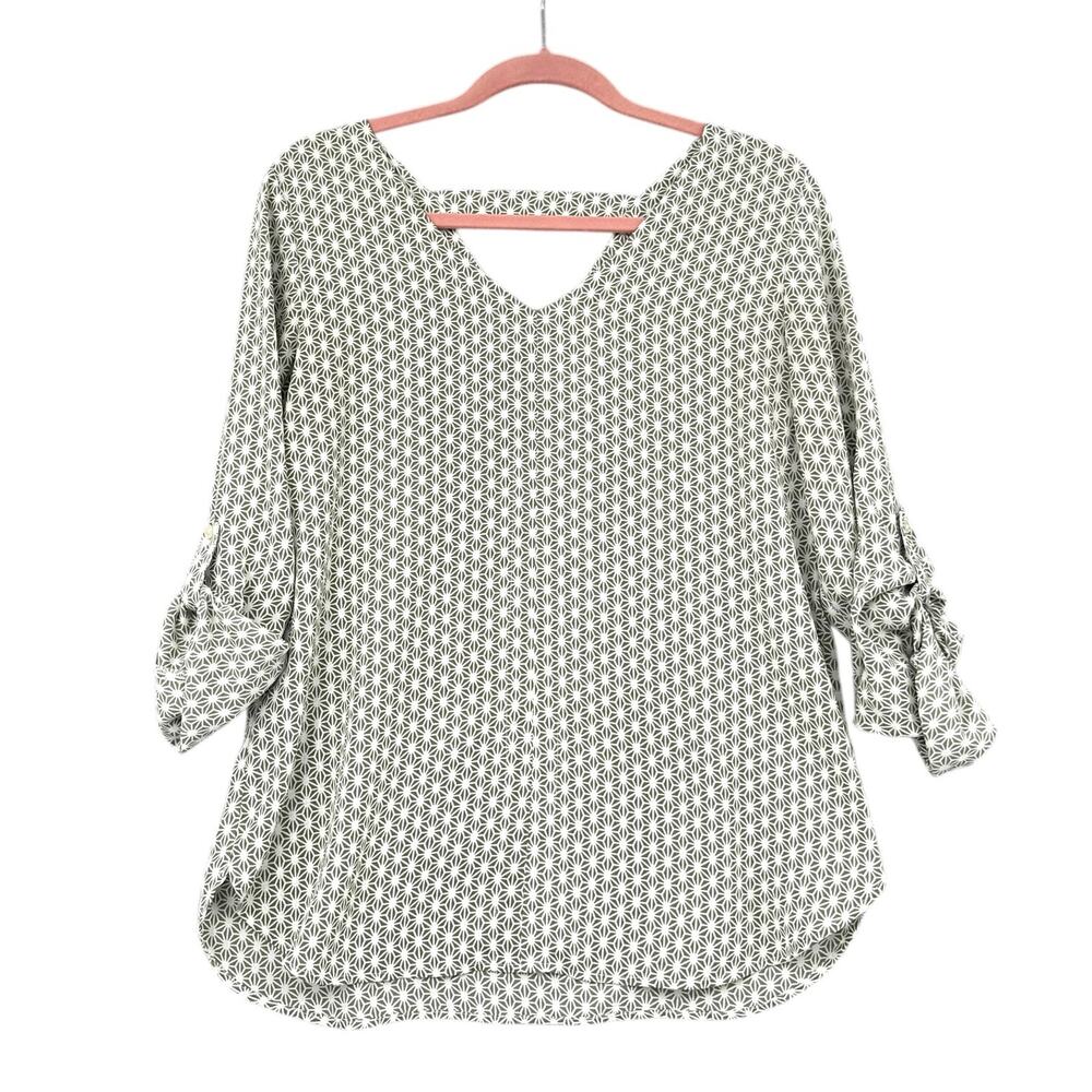 LOFT Green White Geometric Pattern V Neck 3/4 Sleeve Tab Blouse‎ Small